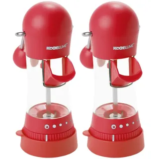 Kochblume Gewürzmühle mit Silikon-Auffangkappe 2er Set |ergonomische Hebelfunktion | Keramikmahlwerk | 5 verschiedene Mahlgrade | Füllkappe und Silikonfuß | Farbe: rot