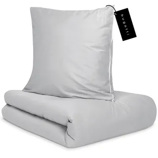 bugatti Bettwäsche 155x220 cm - 100% Baumwolle, Reißverschluss, anschmiegsam, weich & waschbar, Satinbettwäsche hellgrau einfarbig