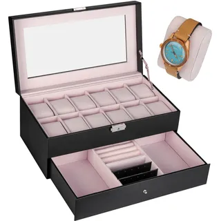 shelfmade Schmuckaufbewahrung - Uhrenbox 12 Uhren schwarz - Schmuckkästchen Watch Box - Schmuckkasten Damen & Herren Samt - Uhrenaufbewahrung mit Schloss (Rosa)