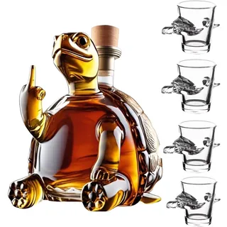 350ML Weindekanter Dekanter Whiskey Karaffe Statue - 3D-Skulptur Einer Whisky-Weinflasche Mit Mittelfinger-Schildkröte, Wunderschöne Weinkaraffe Aus Glas Mit Gravur, Whisky-Dekanter-Dekoration(Turtle+