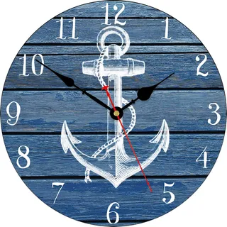 TAHEAT 34 cm Weiß Anker Muster Wanduhr, Nicht tickend Leise Uhren, Nautisch Retro Hölzern Arabische Ziffer Uhren, Leicht zu lesen Wanduhren für Küche/Wohnzimmer/Schlafzimmer