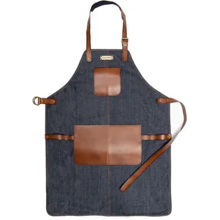 DRAKENSBERG 'Bob' Denim Leder Grillschürze für Männer, Herren Kochschürze, BBQ, hochwertig handgemacht, Jeans-Blau, Braun, DR00283 - L