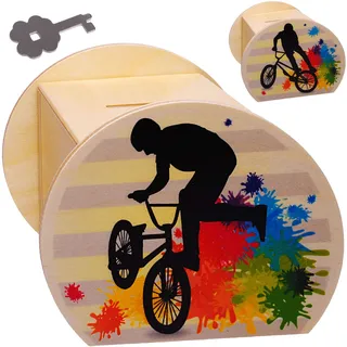 alles-meine.de GmbH Holz - Sparbüchse - Fahrrad/Trial BMX Bike - E-Bike - Schlüssel & Schloß - groß - 11,5 cm - stabile Spardose - Sparschwein - abschließbar personalisiert - f..
