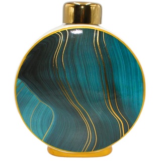 Hochwertige runde Keramik Vase mit goldenem Deckel, veschiedenen Blautönen und goldenen Akzenten, Größe: H/Ø ca. 27 x 22 cm