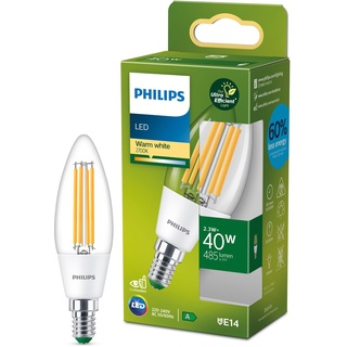 Philips LED Classic ultraeffiziente E14 Lampe, mit Energieeffizienzklasse A, ersetzt 40W, Klar, warmweiß