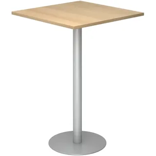 bümö Stehtisch Büro, Bistrotisch eckig 80 x 80 cm in Eiche, Gestell: Silber - Bartisch, Stehtisch Holz-Platte, Säule aus Metall, Buffettisch,