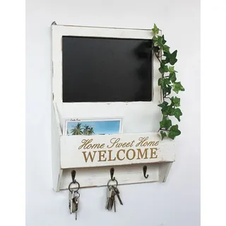 DanDiBo Ambiente Wandorganizer Vintage Schlüsselbrett Holz mit Ablage 93751 Weiß 40 Cm Schlüsselboard Briefablage Kreidetafel Schlüsselkasten Shabby Chic Memoboard