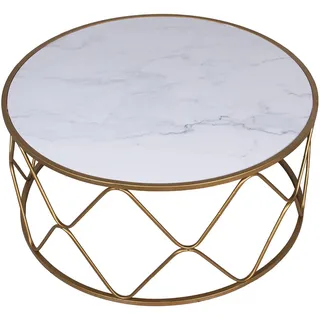 DRW Couchtisch aus Metall und MDF und Acryl mit Marmor-Effekt, goldfarben, 95 x 95 x 45 cm, Holz dm, Gold, 95x95x45cm