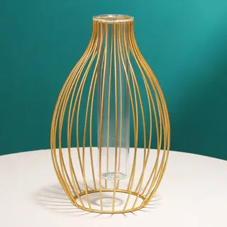Goldene, Laternenförmige Metallvase Mit Herausnehmbarem Hydrokultur-glasrohr – Ideal Für Bürodekoration, Bücher Und Blumensträuße