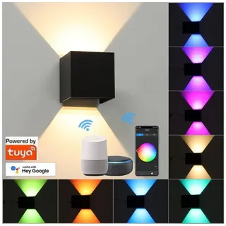 LETGOSPT Wandleuchte Smart WiFi LED Wandlampe Innen/Außen, 7W-RGB Farbwechsel, LED fest integriert, Warmweiß, RGB, steuerbar App/Sprachsteuerung, einstellbarer Abstrahlwinkel-Wandleuchte schwarz