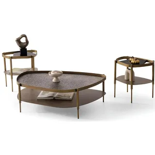JVmoebel Couchtisch Couchtisch-Set aus poliertem Stein mit goldenen Metallrahmen (Set), Made in Europa braun