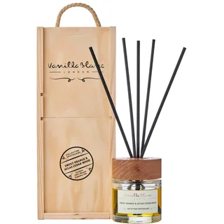 Vanilla Blanc Natürlicher Schilfrohr-Diffuser, Raumduft, umhüllt in einer handgearbeiteten Holz-Geschenkbox (Sweet Orange & Atlas Zedernholz)