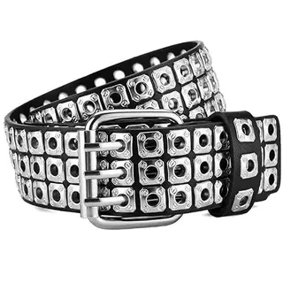 NALANY Nietengürtel Mit 3-Lochnieten, ösen Und Dornschließe Für Damen Und Herren Metall Punk Rock Glitzer Rivet Hohle Ledergürtel,40mm Breit(110cm/43, Bright Silver)