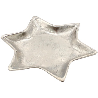 Silberner Teller als Stern, Tablett aus Metall, Keksteller, Naschteller, Dekoteller, Größe: H/Ø ca. 2 x 20 cm