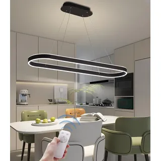 LFLA Moderner Esstisch lampen Dimmbar Oval LED Pendelleuchte Kreativität Ring Hängelampe Höhenverstellbarer Kronleuchter mit Fernbedienung Esszimmer Küche Büro Blendfrei Beleuchtung (Schwarz, L80cm)