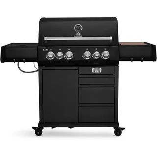 BURNHARD® Gasgrill 4-Brenner inkl. Heckbrenner, mit Gusseisen Grillrost & inkl. stabiler Abdeckhaube, Seitenkochfeld mit Infrarot Keramikbrenner, Schwarz - Big EARL
