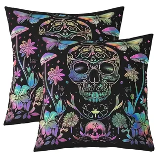 Kissenbezüge Set 2 Stück 50x50cm Zucker Schädel Boho Regenbogen Skelett Schwarz Grün Blau Polyester