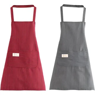 Set Mit 2 Verstellbaren Küchenschürzen Für Damen Und Herren, 2 Taschen, Rote Streifen, Zum Grillen Und Kochen