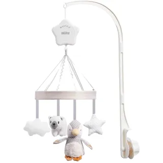 Nuby Kinderbett-Mobile für Babys mit verstellbarem Arm, geeignet für alle Babybetten. Süße Plüschfiguren in Weiß und Grau, einschließlich Pebbles the Pinguin und Pals (1 Stück)