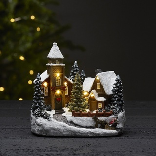 LED Kirche - weihnachtliche Dorfszene mit Drehbaum - 7 warmwei√üe LED - H: 18cm - Timer - bunt