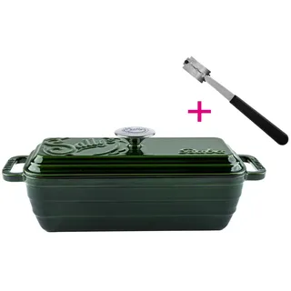 Sallys Brotbackform Hochwertiger Gusseisen-Bräter & Brotbackform Baba – 2,8 l rechteckig, (ideal zum Brotbacken & Braten, flach & gleichmäßig hitzebeständig Grill/Backofen), 38,6×13,6 ×14,5 cm / 2,8 l, Vollgusseisen mit Emaille grün
