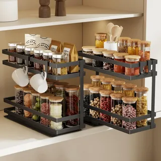 Magheo 2 Stück Gewürzregal Ausziehbar, Metall Gewürz Organizer Schrank, 2 Etagen Herausziehen Gewürzregal Stehend, Kleines Gewürzregals Ohne Bohren Innenschrank Küchen Spice Rack Pull Out (Schwarz)
