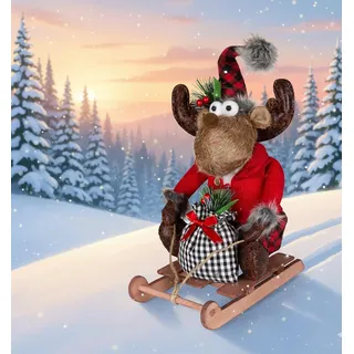 KAMACA Deko Elch-Mädchen auf Schitten mit Rock und Jacke Weihnachtsdeko im skandimavischen Look Fensterbank Kommode Dekoidee Winter Weihnachten Geschenk (Rentier Mädchen auf Schlitten 40 cm Höhe)