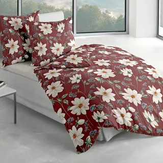 Traumschlaf Biber Bettwäsche Menen Blumen rot 155x200 cm + 80x80 cm - rot