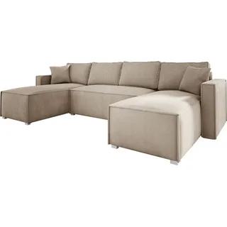 Wohnlandschaft U form Cord NOEMI 145x300 cm, Ecksofa U form Beige mit Schlaffunktion und Bettkasten, Sofa XXL, Couch U form, Polsterecke - PS 02 - Beige