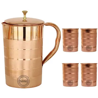 Trinkwasserkrug aus reinem Kupfer mit 4 Bechern für die Vorteile des Ayurveda Traditioneller Kupferkrug zum Trinken 1,5 l 50,7 oz (Silver Touch)