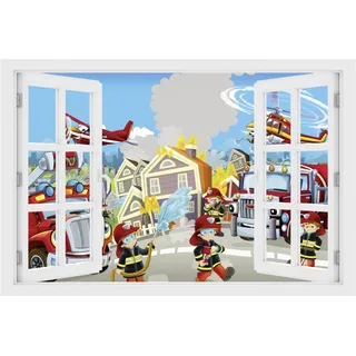 DesFoli Wandtattoo Feuerwehr-Einsatz für kleine Retter - verschiedene Rahmentypen DW000076 Farbe Fensterrahmen Querformat, Größe 150 cm x 100 cm