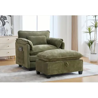 LVHOM XXL-Sessel Großer Samtsessel Set mit Stauhocker/Ottomane & Seitentaschen (Moderner Loungesessel. Übergroße Sitzfläche und -tiefe, Doppelpolster (fest/weich) + Stauraum für maximalen Komfort, Relaxsessel mit Hocker), Relax-Lösung für Wohnzimmer, Schlafzimmer oder kleine Apartments grün