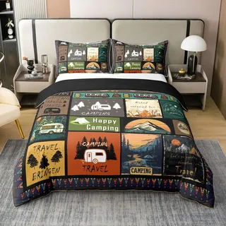 Loussiesd Camping 100% Baumwolle Bettwäsche Set 135x200cm für Jungen Mädchen Camper Bettbezug Happy Camping BettbezugWohnmobil Bettwäsche-Set Camping Gadgets Wohnmobil BettbezugThema Wald Adventure