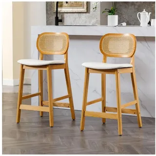 LuxusKollektion Barhocker Barhocker Barstuhl 2er Set PU Leder Holz Rattan Rücklehne Weiß braun