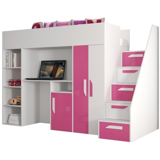 QMM TraumMöbel Hochbett PARIS 4 mit Schreibtisch Schrank Regal und Treppe Hochglanz (mit Treppe, Schrank, Schreibtisch & Regal) rosa