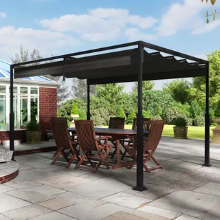 SUBTLETY Pergola 3x4 m Terrassenüberdachung, Gartenpavillon mit einziehbarem Schiebedach, Wasserdicht Stabil Metallrahmen Sonnenschutz Pavillon für Garten Terrasse Balkon (Schwarz)