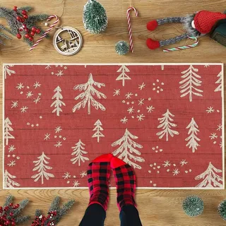 Fußmatte Weihnachtsbaum 40x60 cm rutschfest Weihnachten Türmatte Schmutzfangmatte Jute Optik rot Deko Matte - Rot