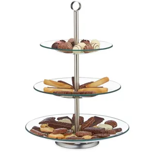 Relaxdays 2 x Runde Etagere 3-stufig Silber/transparent