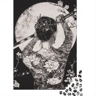 Japanische Kämpferin 1000 Teile Puzzle für Erwachsene Papier Schwarz Weiß Kunst Entspannung Deko Familienspiel Geschenk 38x26cm/1000pcs