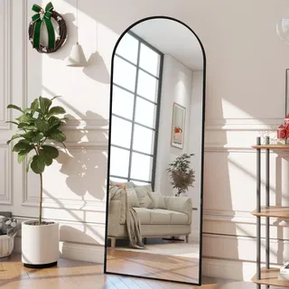 Standspiegel mit Aluminiumrahmen, 162 x 53 cm dekorative Wandspiegel mit gewölbtem Top, Boden großer Spiegel Standspiegel, groß Ganzkörperspiegel, Spiegel für das Badezimmer mit Ständer, Schwarz