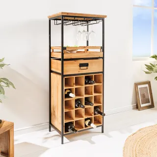 Massivholz Weinregal SEVENS SEAS 120cm natur Pinienholz schwarz Metall Flaschen