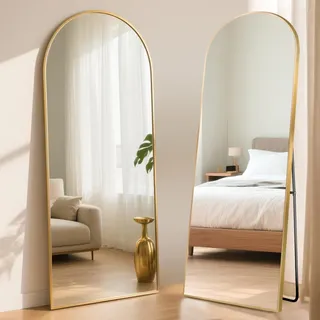 ABXMAS Ganzkörperspiegel Gebogen Rechtwinklig 180x76cm Gold, Luxuriöser Bodenspiegel Standspiegel mit Aluminiumrahmen und gehärtetem Glas, Wandspiegel für Wohnzimmer, Umkleideraum