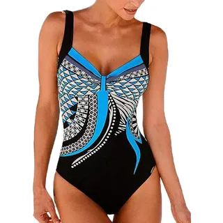 KEERADS Damen Badeanzug Bauchweg Puch Up Große Größen One Piece Figurformend Schwimmanzug Bademode Strandmode (M, Blau) - M