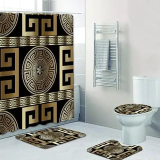 ZGDPBYF 4-teiliges Badeset, geometrisch, schwarz, gold, griechischer Schlüsselmäander, rutschfester Badteppich, Bodenmatte, Heimdekoration, wasserdichter Duschvorhang, Badezimmer, 4-teiliges Set