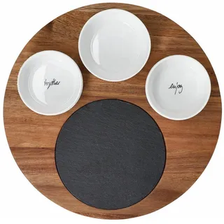 Räder Design Schale Servierbrett aus Holz mit drei Porzellanschalen und Schieferplatte vo