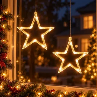 2 Stück LED Fensterlicht mit Saugnapf, Hängende Fenster Lichterkette Innen, Weihnachtsbeleuchtung, Fensterdeko Batteriebetrieben, Stern - Weiß