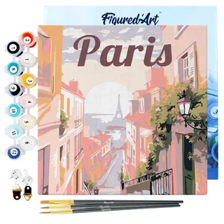 Figured'Art Mini Malen Nach Zahlen Erwachsene Mit Rahmen 20x20cm Kleines Format - Reiseplakat Paris - Paint by Numbers Basteln DIY Bastelset Leinwand gespannt auf Holzrahmen