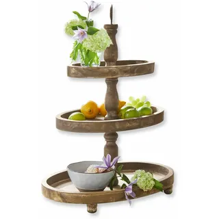 Loberon Etagere Olathe, 3-stöckig, gedrechselter Mittelfuß, ovale Form, mit Tragegriff, Vintage-Look, Dekoration, Tischdeko, Wohn-Accessoire, Tannenholz, Eisen, antikbraun