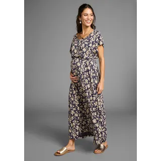 Umstandskleid NEUN MONATE "Langes Schwangerschafts- und Still-Kleid", Damen, Gr. 44, N-Gr, blau (blau geblümt), Jersey, Obermaterial: 95% Viskose, 5% Elasthan. Futter Oberteil: 95% Viskose, 5% Elasthan, modisch, ausgestellt knöchellang, Rundhals, Kurzarm, Kleider, Jersey-Kleid für Schwangerschaft und Stillzeit, Topseller