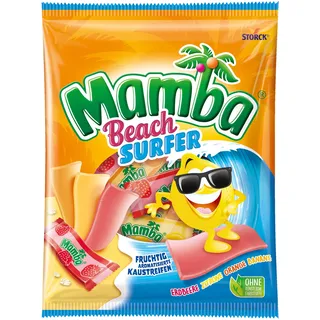 Mamba Beach Surfer, Kaustreifen mit Fruchtgeschmack - 1 x 160 g | Leckerer Süßigkeiten Mix, softe Bonbons in 4 fruchtigen Sorten Erdbeere, Banane, Orange & Zitrone, einzeln verpackt